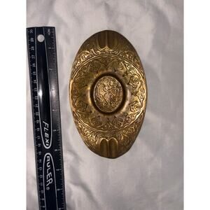Vintage Solid Brass Oval Ashtray Engraved Floral Arabesque Boho Trinket Dish